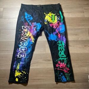 Sacred Crown Jeans Men 50 Hip Hop Paint Splatter Dark Wash Black Stretch Denim